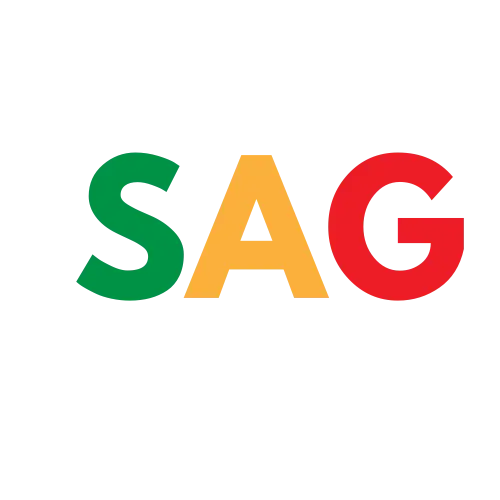 Footer logo of Smart AI Gears featuring the "SAG" acronym with a rocket symbolizing innovation and technological advancement.