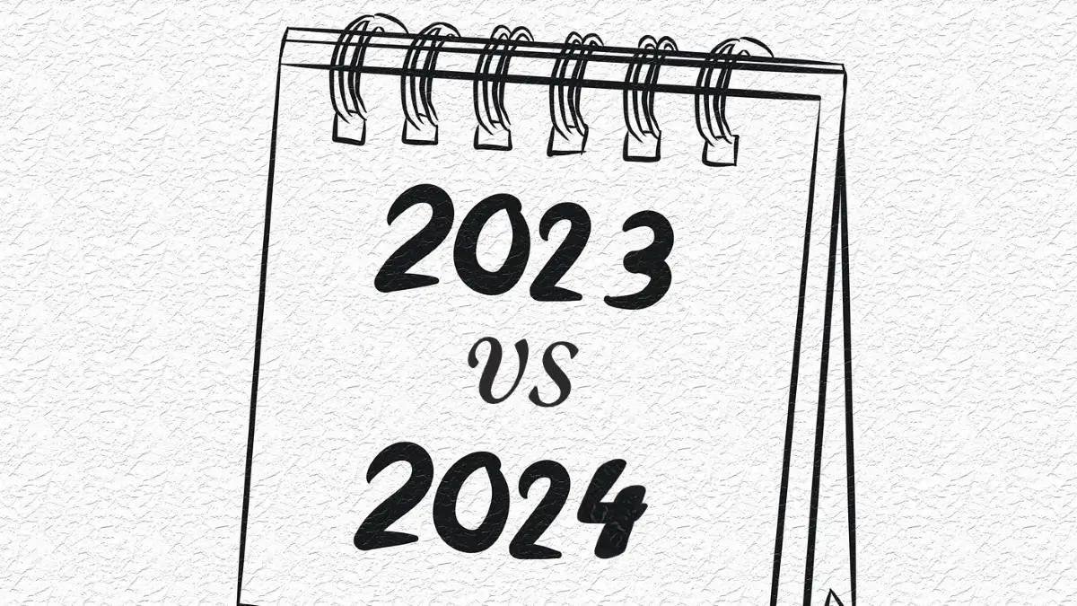 Black and white illustration of a flip calendar showing the years 2023 vs 2024, symbolizing a comparison of key differences and global progress.