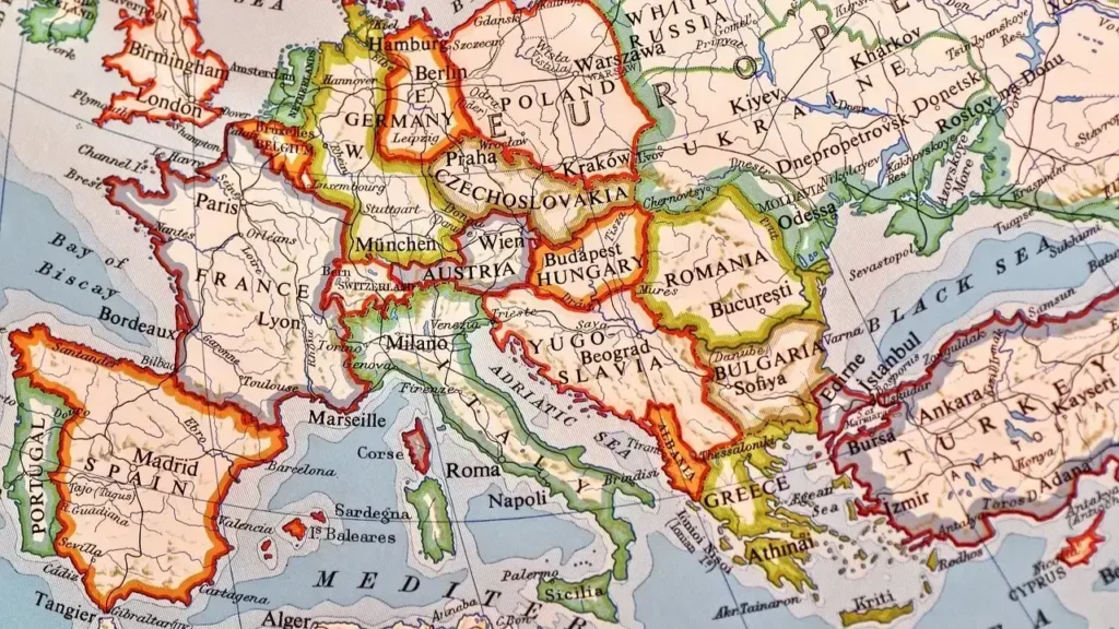 Detailed political map of Europe highlighting countries, cities, and borders, showcasing the geography and historical context of the region.