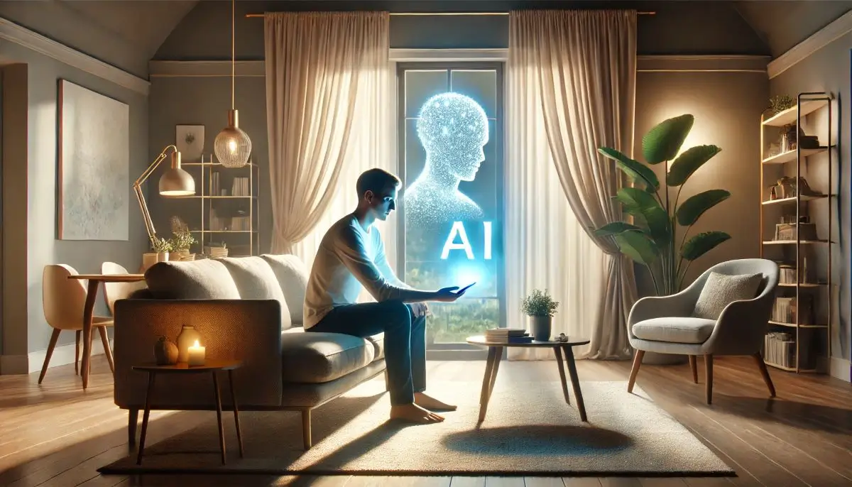 A modern living room with warm lighting and a person sitting calmly on a sofa, holding a smartphone emitting a soft blue glow, representing the soothing effects of AI mental health tools. The room is cozy with green plants, natural light, and tranquil decor.