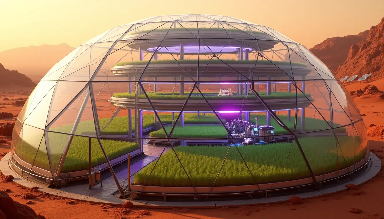 AI in space powering a self-sustaining Mars farming dome with autonomous systems, advanced robotics, and efficient crop management."