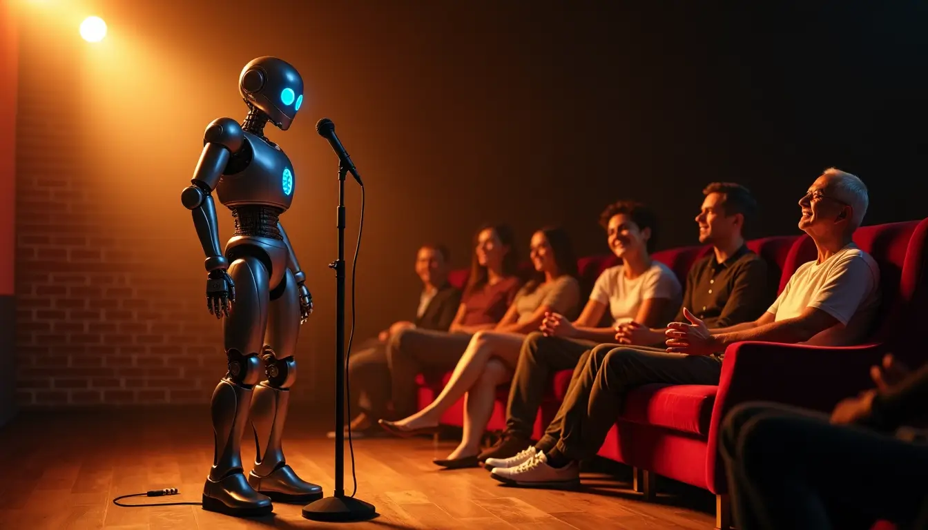 A humanoid robot performing stand-up comedy on a stage, representing the concept of AI-generated humor, with an audience laughing in the background.