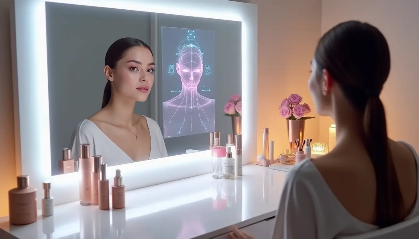 A woman sitting in front of an AI mirror displaying a holographic facial analysis. The mirror is surrounded by skincare products, combining advanced AI technology with beauty routines for personalized skincare insights.