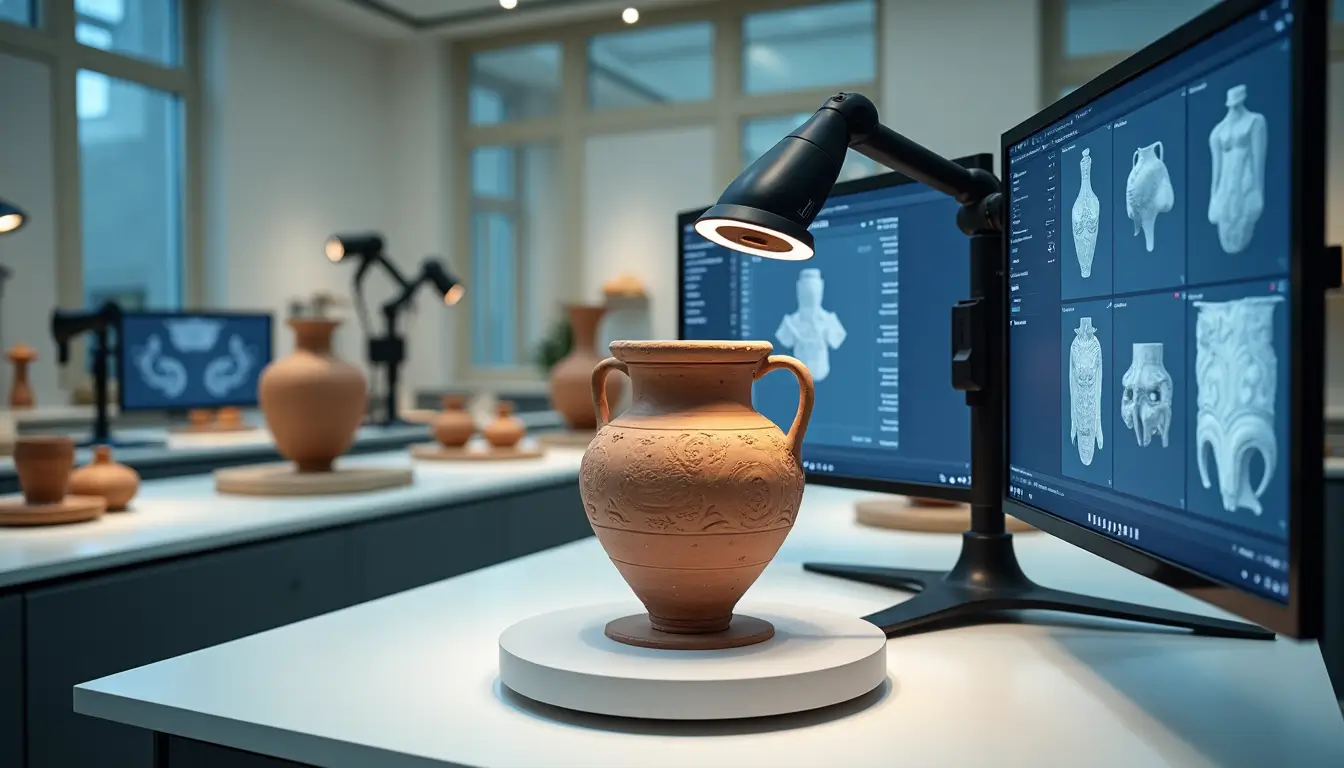 AI heritage tools capturing digital replicas of ancient artifacts using 3D scanning and advanced computer vision technologies.