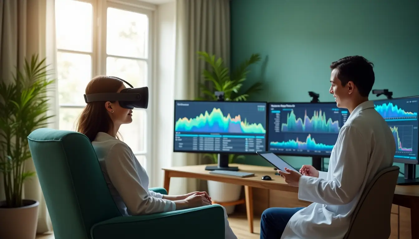 AI-powered VR therapy session with a patient wearing a headset and a doctor analyzing real-time data for personalized mental health treatment.