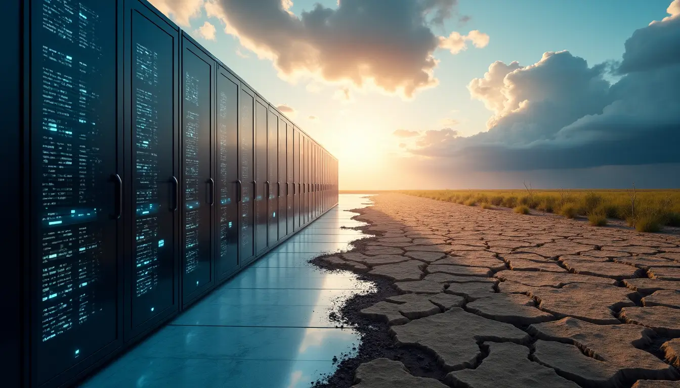 Data centers consuming high energy juxtaposed with cracked dry land, symbolizing the environmental impact of AI and climate change.