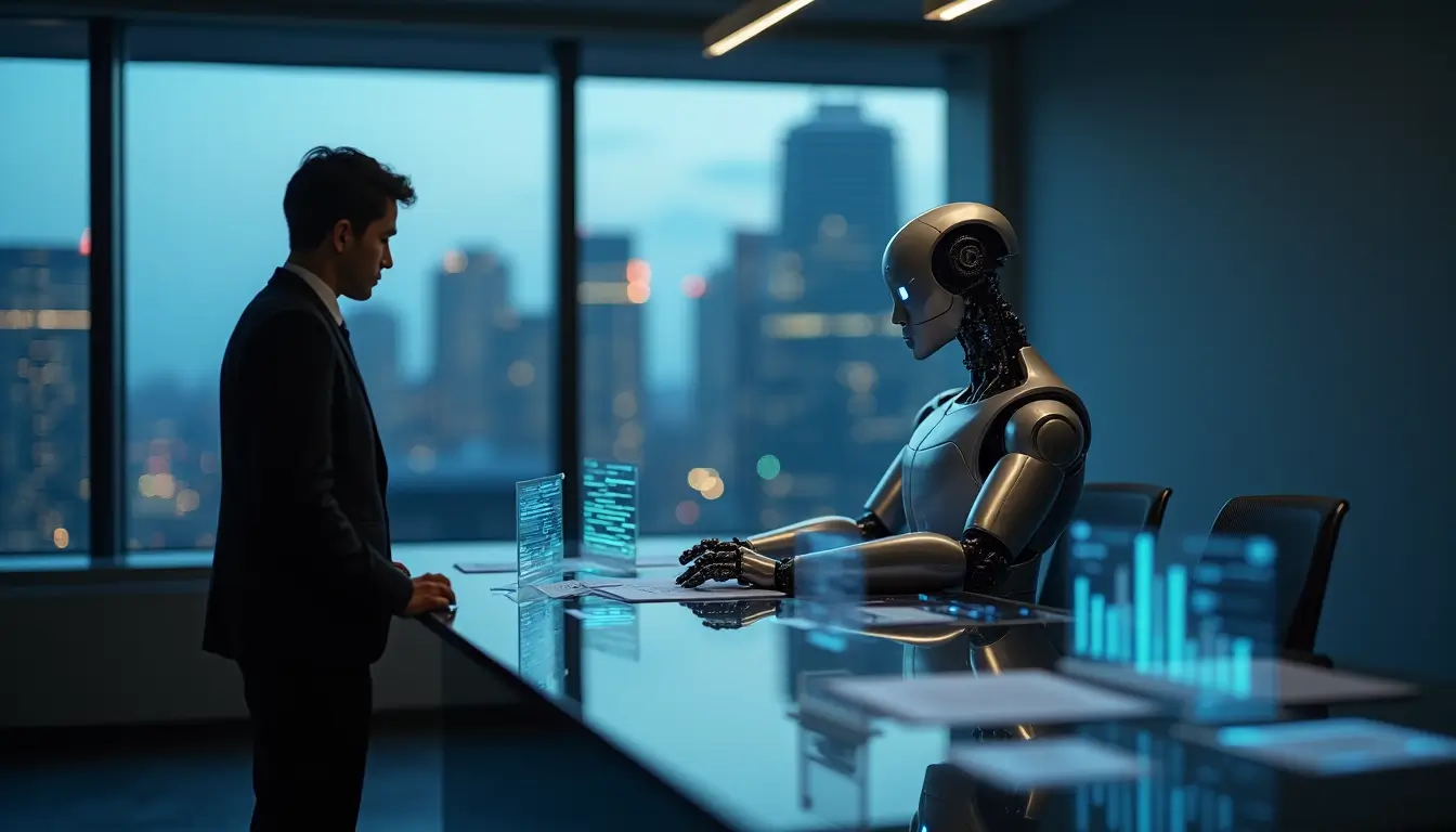 A business professional interacting with a humanoid robot in a modern office setting, symbolizing the collaboration between Ethical AI and humans in decision-making.