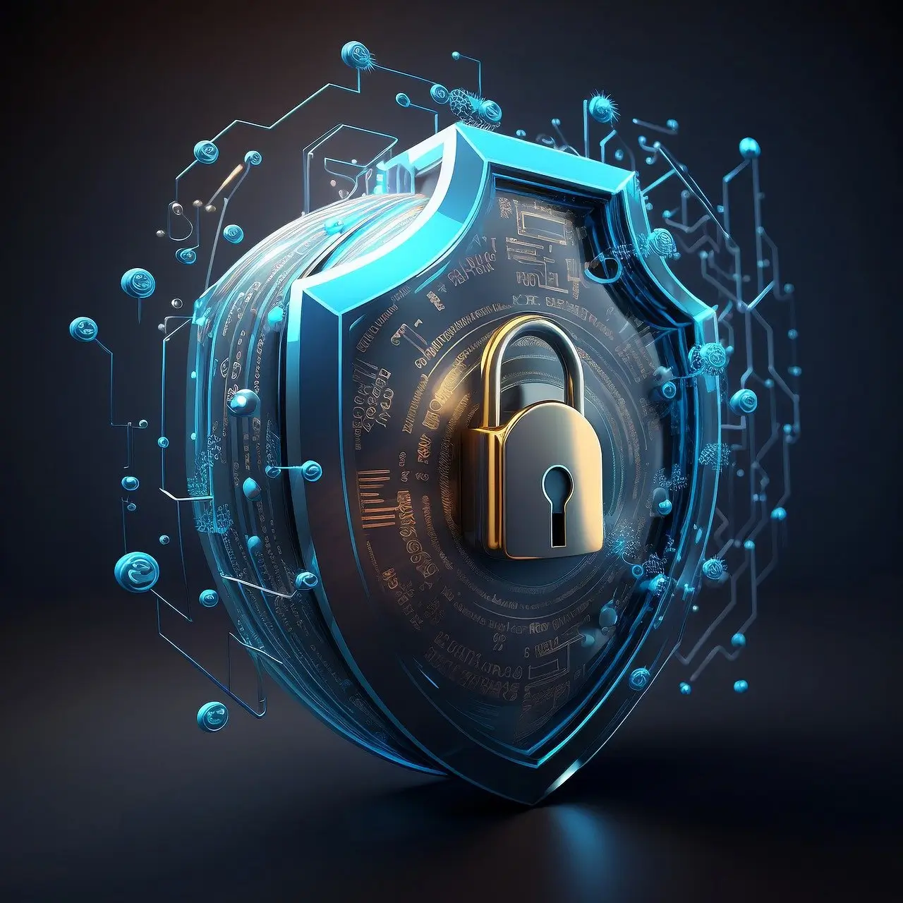 AI in Cybersecurity represented by a digital shield and lock, symbolizing protection against modern cyber threats and data breaches.