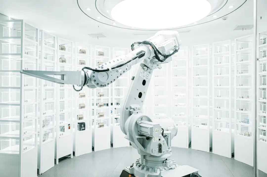 A futuristic robotic arm operating in a bright, high-tech environment with white storage units, showcasing the capabilities of AI agents.