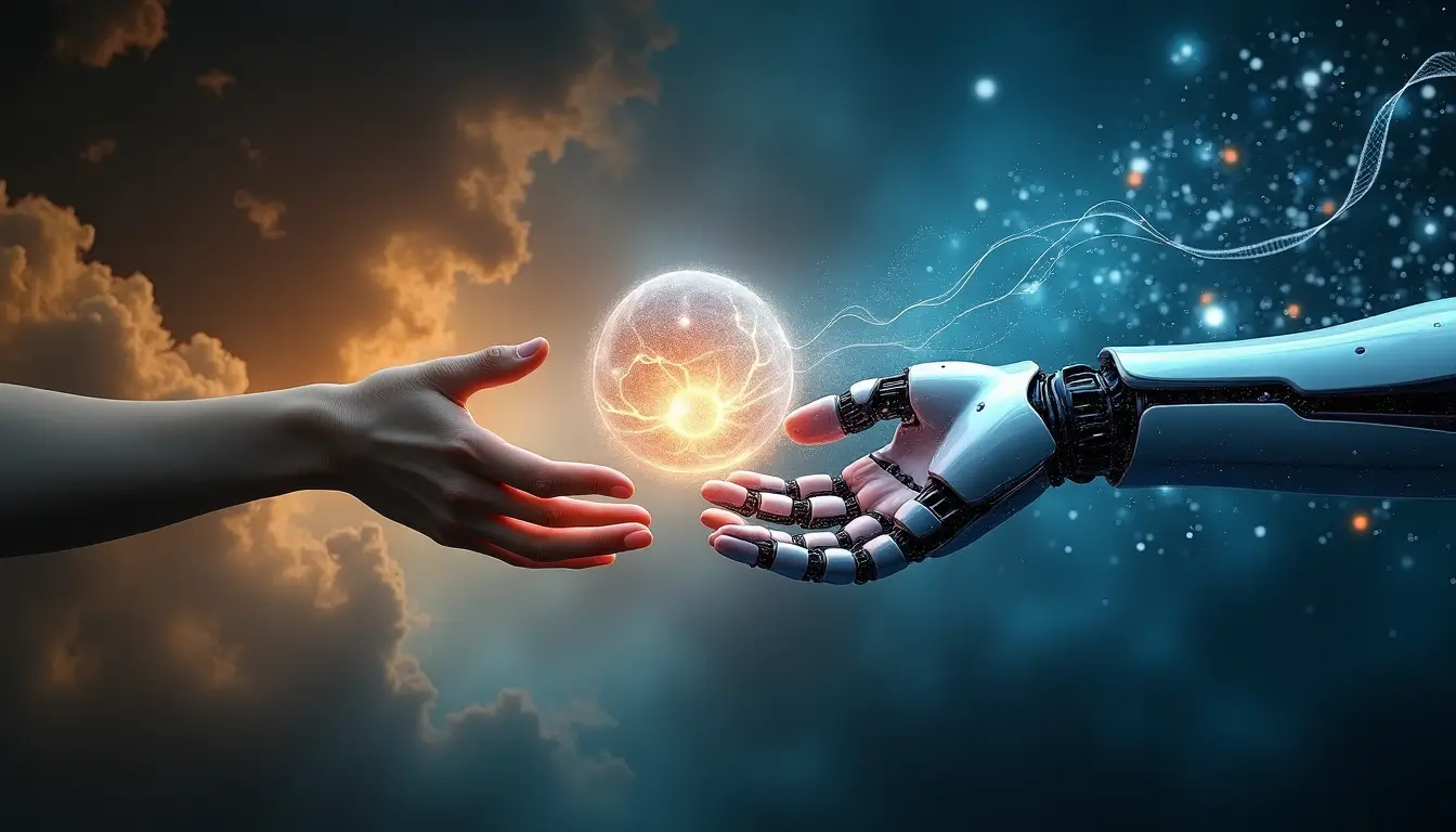 AI-generated image showing a human hand and a robotic hand reaching towards each other, holding a glowing orb that symbolizes artificial consciousness, set against a background of contrasting natural and futuristic elements.