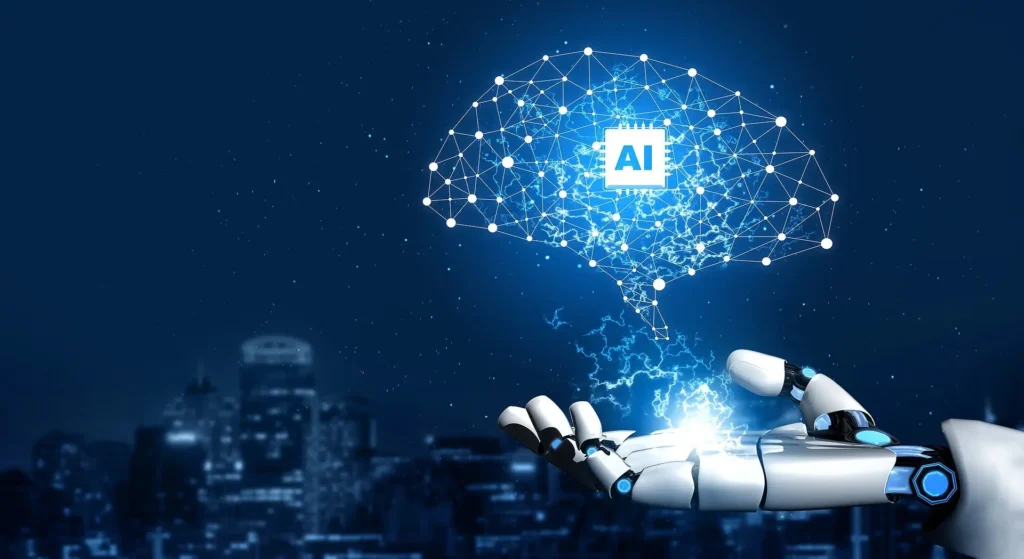 A futuristic depiction of artificial intelligence in 2025, featuring a robotic hand holding a glowing neural network with an AI chip at its core, set against a background of a city skyline and a starry sky