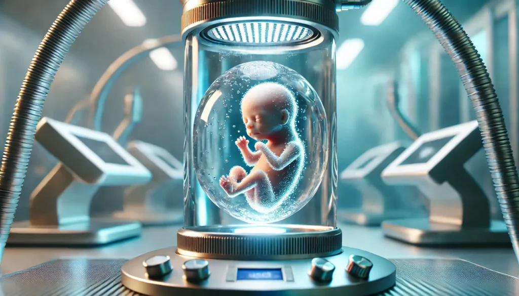 A conceptual digital artwork of a premature baby inside an artificial womb, enclosed in a transparent biobag, with advanced technology monitoring systems.