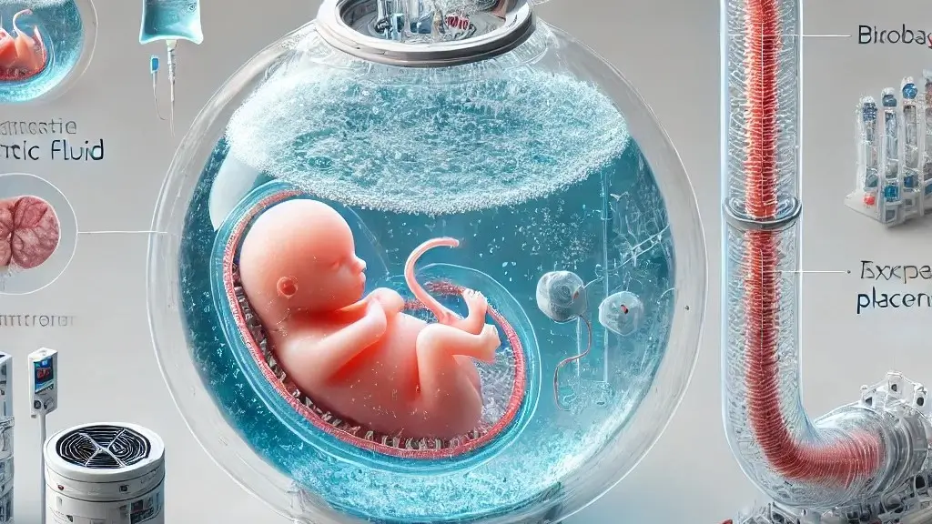 A detailed illustration of an artificial wombs setup with a biobag filled with synthetic amniotic fluid, featuring a developing fetus and connected systems.