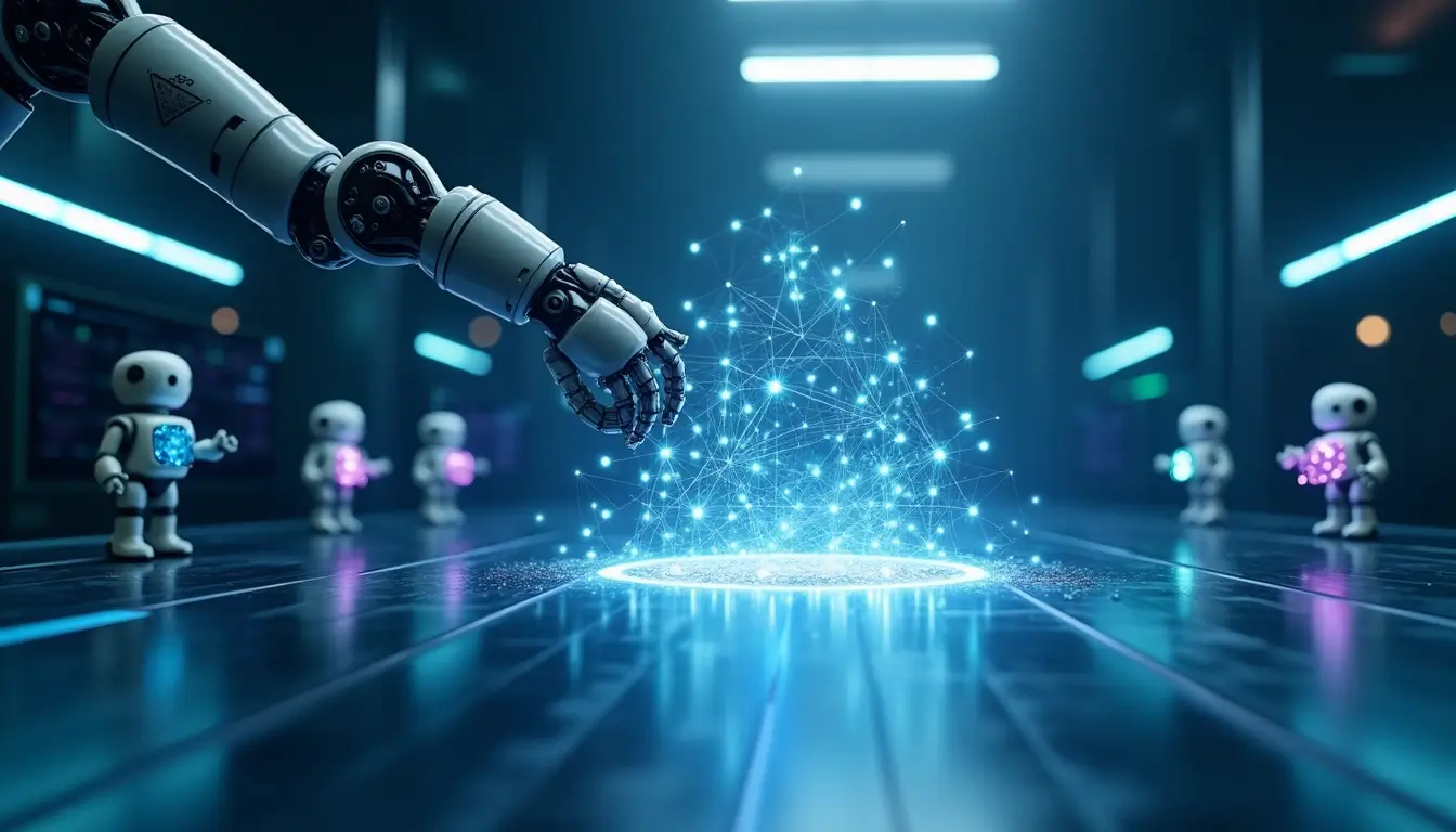 Can AI learn on its own image, A robotic hand interacting with a glowing network of data, symbolizing how AI learns on its own using autonomous learning and pattern recognition.