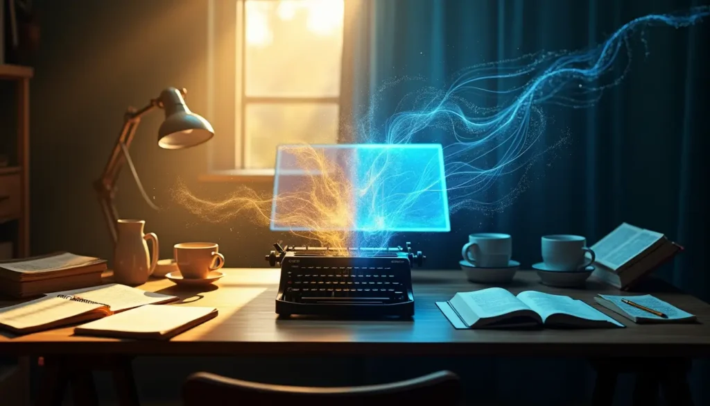 A desk with a typewriter merging into a glowing digital screen, representing the concept of 'can AI write novels,' surrounded by books, coffee cups, and a warm, creative atmosphere.