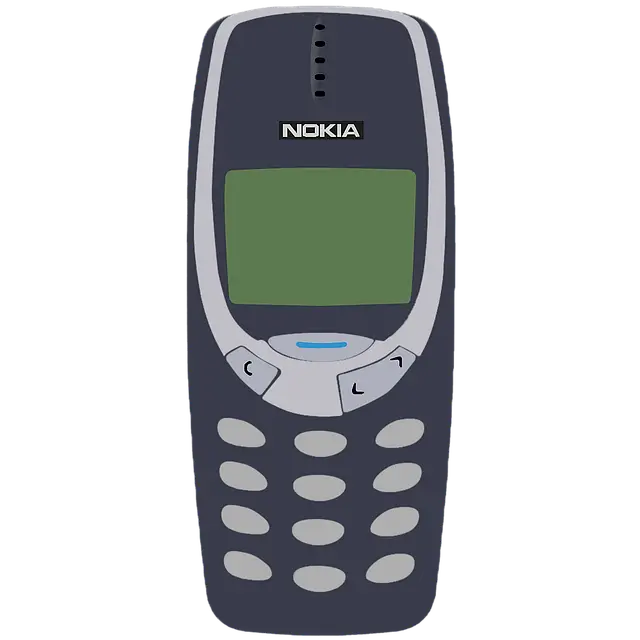 An illustration of a classic Nokia cell phone featuring a simple design with a small monochrome screen, navigation buttons, and a durable body.