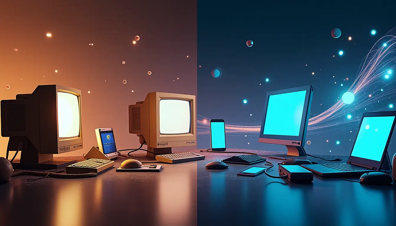 Evolution of technology illustrated with a split view showing retro computers and phones on one side and modern devices like laptops and smartphones on the other, symbolizing the technological advancements over decades.