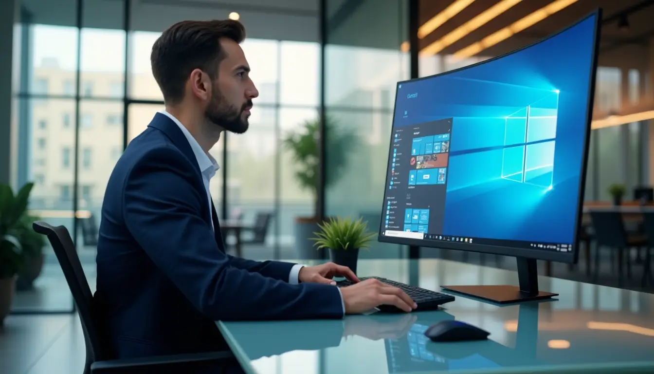 Professional man using Windows Copilot on a large curved monitor to improve business productivity in an office environment.