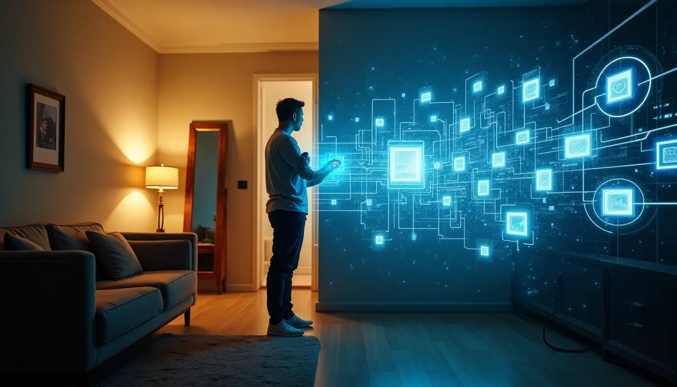 A person interacting with a futuristic smart home interface, representing the ethical implications of AI in daily life and technology integration.