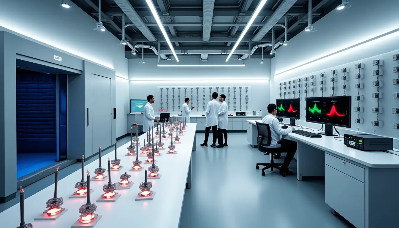 Advanced laboratory setup for 6G research with scientists working on network performance and AI optimization, symbolizing the future of wireless technology beyond 5G.