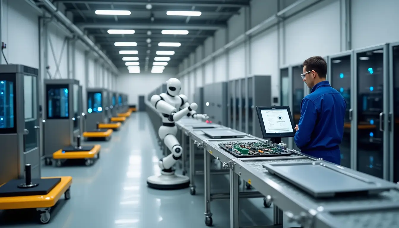 Future Factories featuring AI-powered robotics, IoT-enabled systems, and smart manufacturing technologies on an automated assembly line.