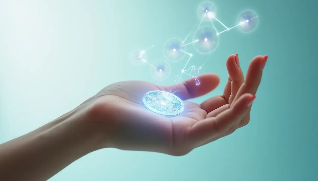 A hand holding a glowing wearable patch emitting a holographic neural network design. The wearable patches symbolize advanced technology, integrating health monitoring, neural connectivity, and futuristic innovation.