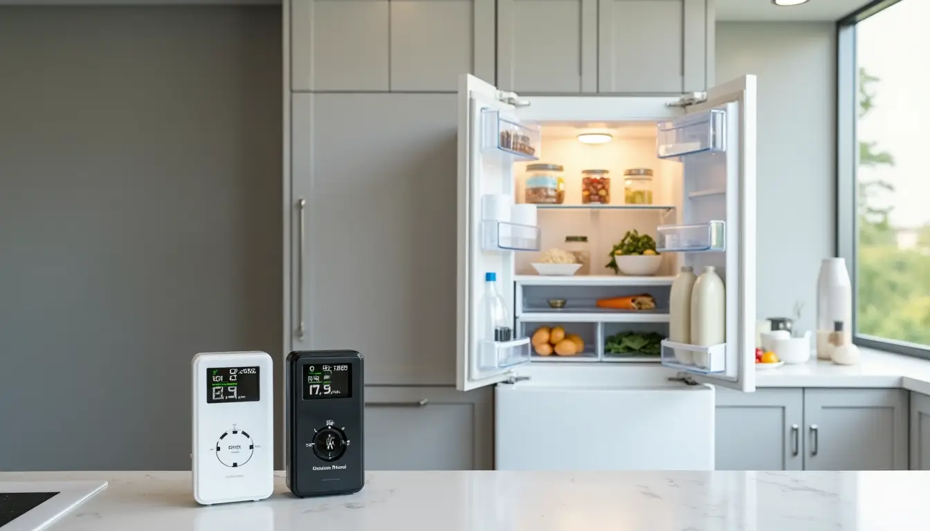 General Electric GTS1HGNGRWW refrigerator front and side view in a modern kitchen.