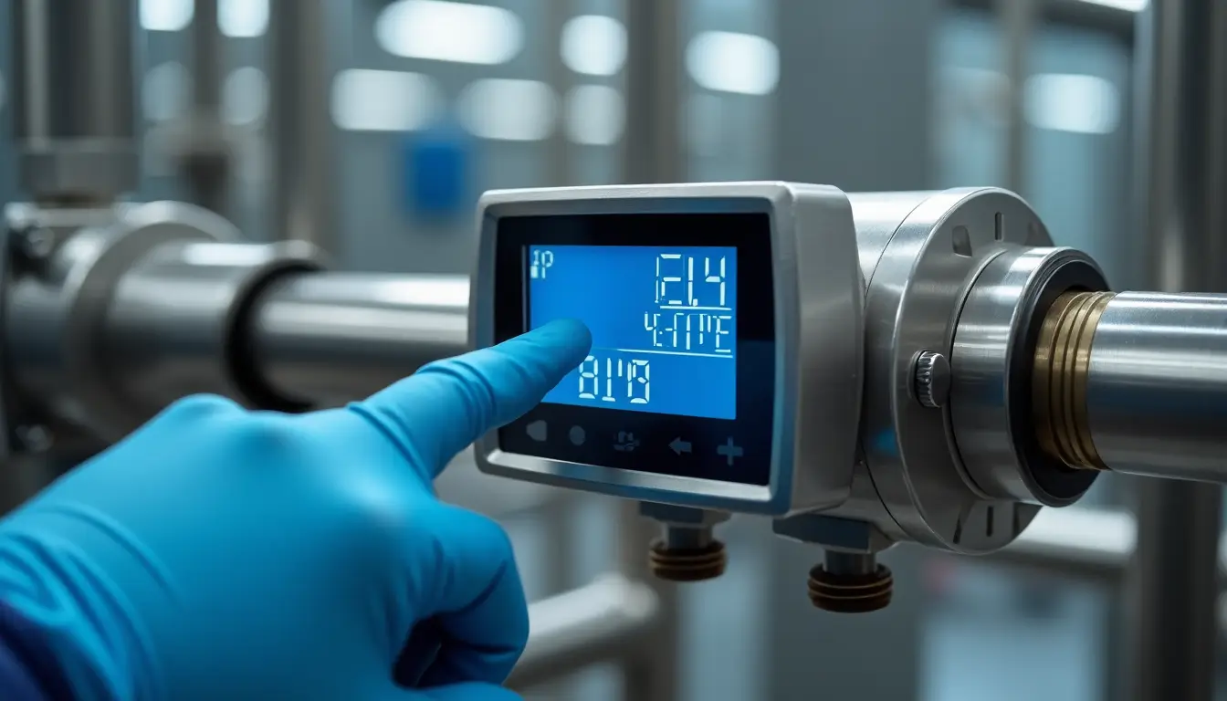 A close-up view of a Miratic Flow Meter the display device being operated by a person wearing blue protective gloves, installed on a stainless steel pipeline.