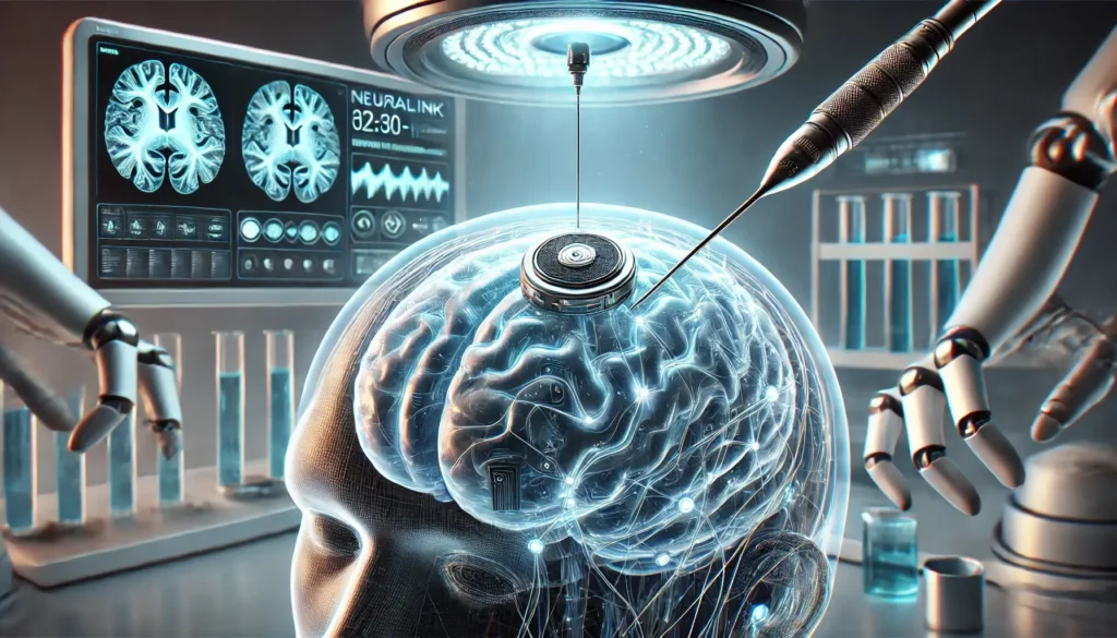 A futuristic depiction of a robotic system implanting a Neuralink device into a brain, with advanced technology and a digital interface.