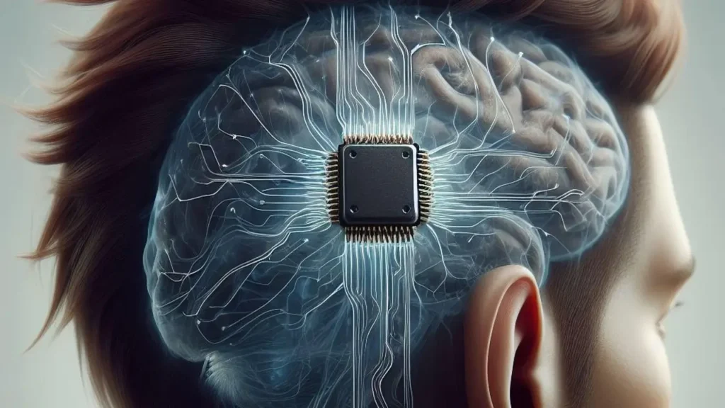 A futuristic illustration showing a brain connected to a microchip with glowing Neuralink pathways