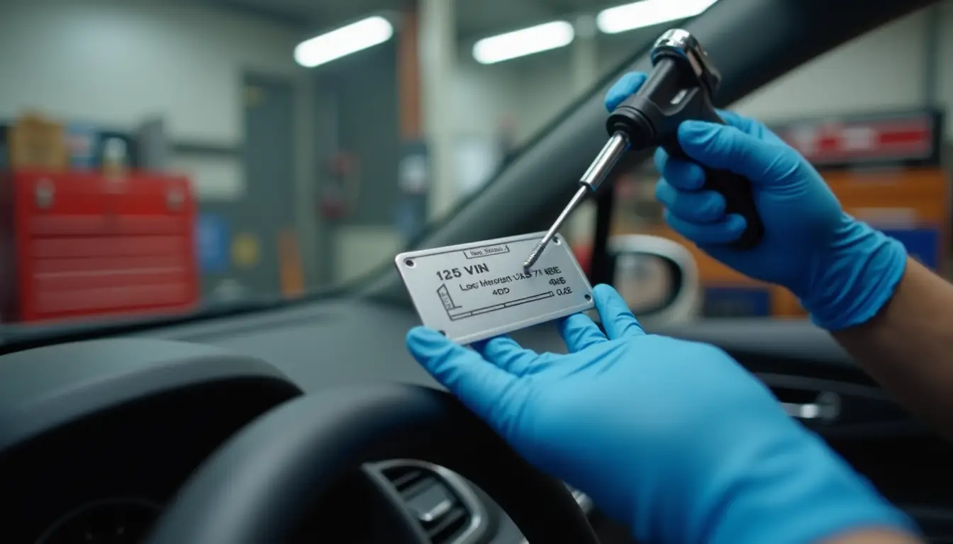 A person wearing blue gloves holds a card labeled 'ODE's Load VIN' on a steering wheel.