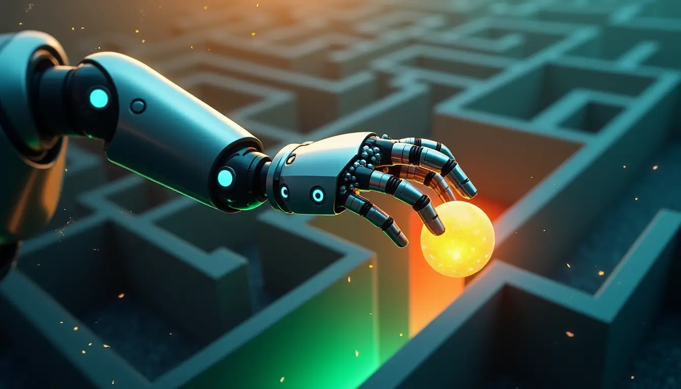 A futuristic robotic arm holding a glowing orb while navigating a maze, symbolizing concepts of Reinforcement Learning Basics. The glowing path in the maze highlights the decision-making process.