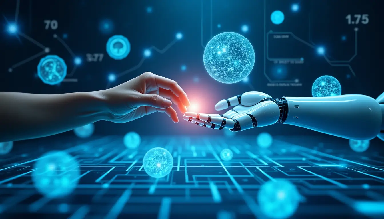 A human hand reaching toward a robotic hand with glowing connections, symbolizing the role of responsible AI practices in fostering trust and collaboration.