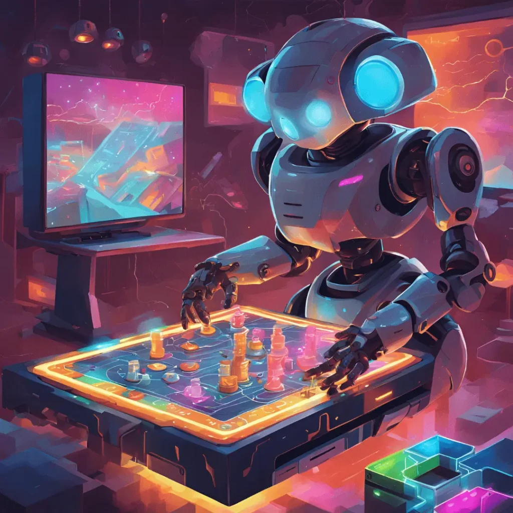 A futuristic digital artwork depicts a robot playing chess on a neon-lit board, highlighting the basics of Reinforcement Learning. Digital code and a stylized background are visible.