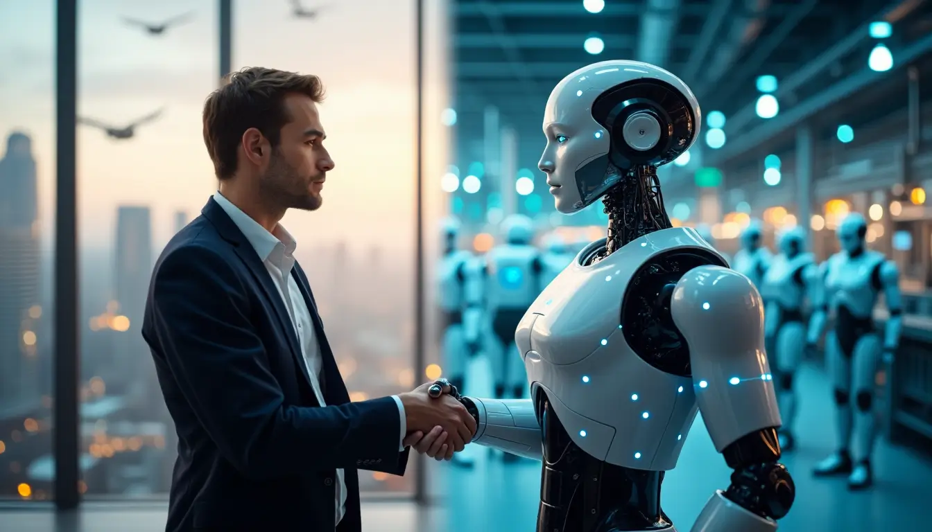 A professional man in a business suit shaking hands with a humanoid robot in a futuristic workplace, symbolizing robots in the workplace and human-machine collaboration.