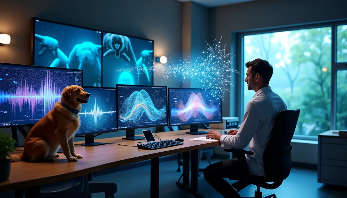 A scientist using AI to decode animal languages, analyzing sound and behavior data on computer screens, with a dog nearby in a modern lab setting.