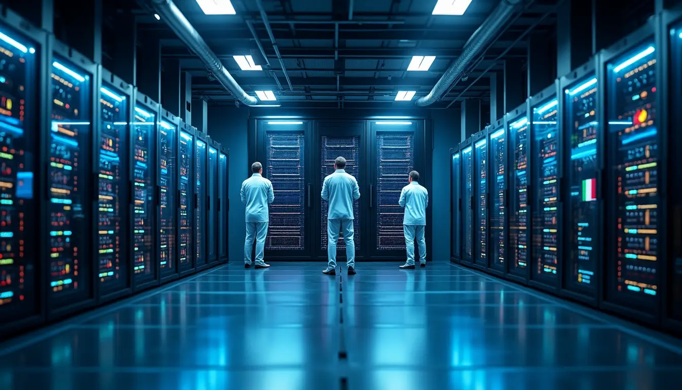 Technicians in a futuristic server room symbolizing Sovereign AI infrastructure with glowing server racks.