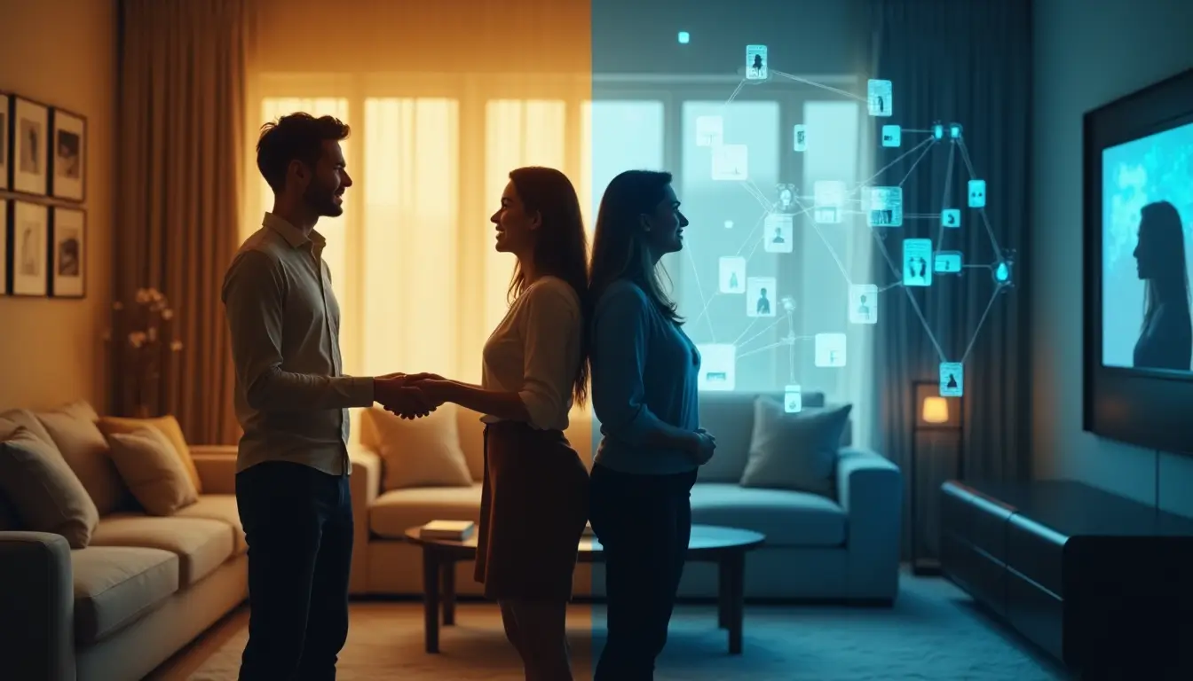 An illustration showcasing technology and relationships in 2025, highlighting the integration of digital networking and human interaction in a smart home setting.