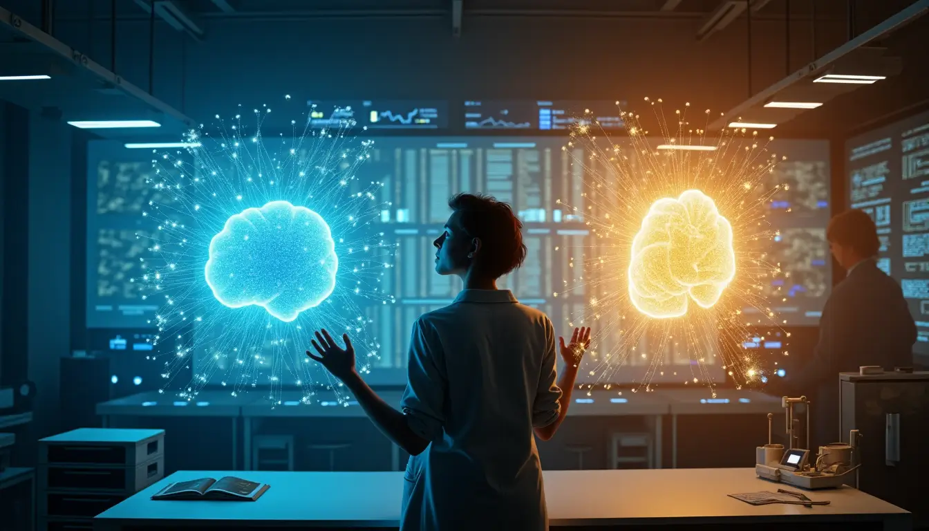 A scientist in a futuristic lab observing glowing AI brain models, showcasing the complexity and unpredictable evolution of AI language development.