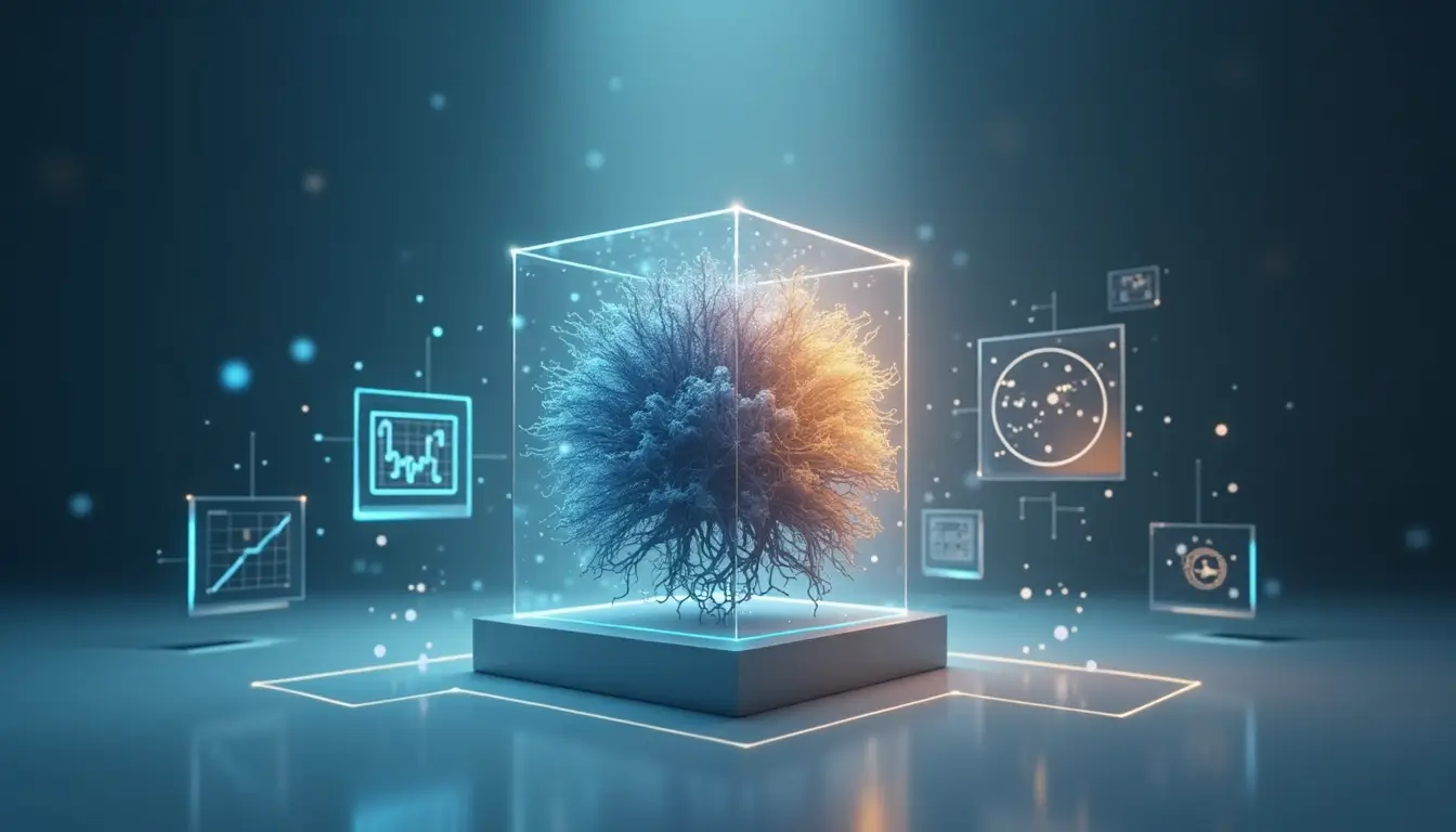 A futuristic representation of Explainable AI featuring a complex neural network structure encased in a transparent cube, illuminated with blue and orange hues. Surrounding the cube are holographic data charts and graphs, symbolizing data analysis and AI interpretability.