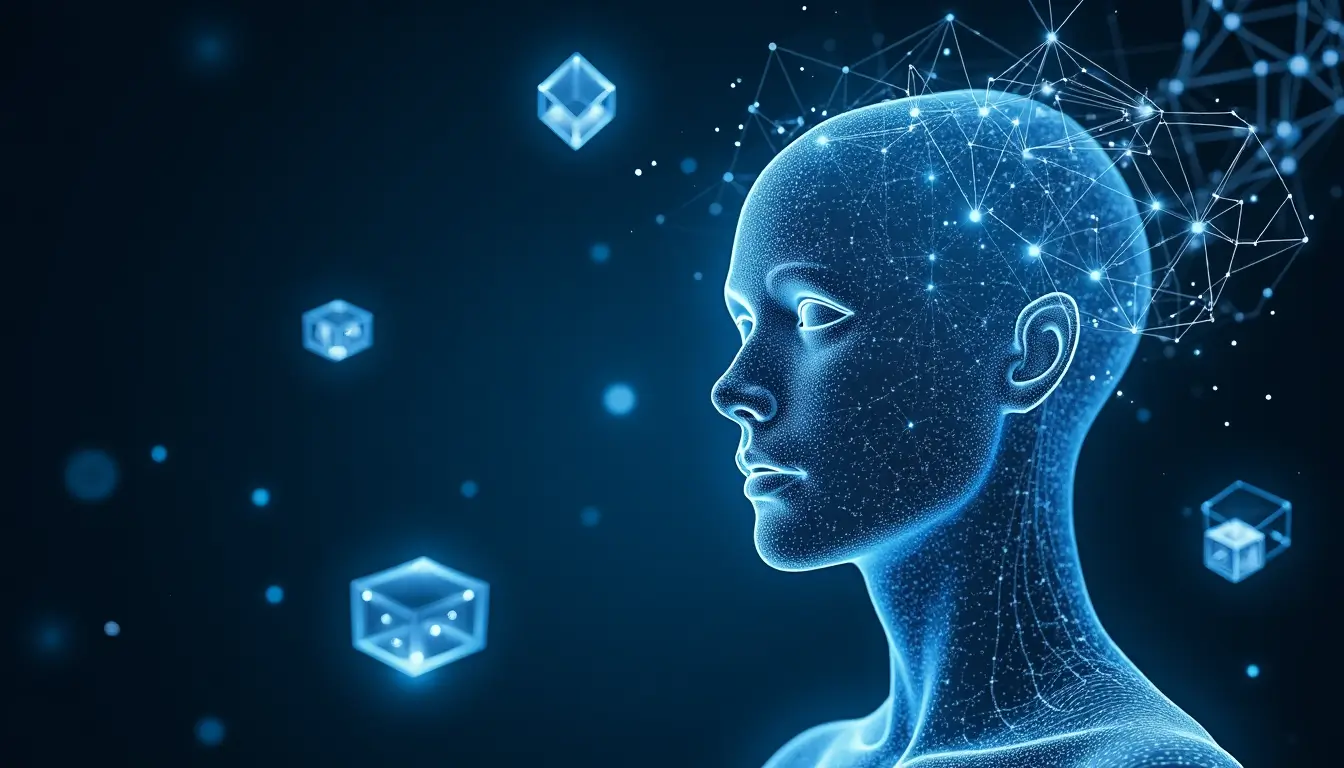 A futuristic digital illustration of a human-like figure with glowing blue neural networks, surrounded by abstract 3D cubes and floating points, symbolizing what is AI and advanced technology.