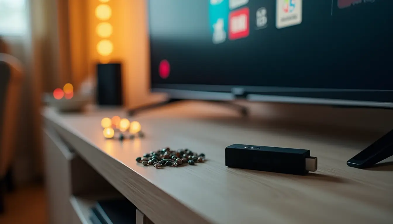 A Firestick placed on a table, highlighting the question, "Why is my Firestick so slow?" and solutions to improve its performance.