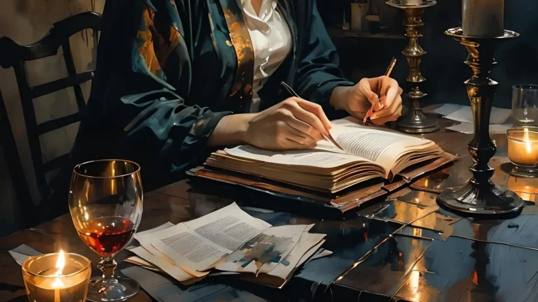 A cozy setting with a person writing in a book by candlelight. The desk is adorned with scattered papers, a glass of red wine, and burning candles, creating an intimate and creative atmosphere. Keywords: Write For Us.