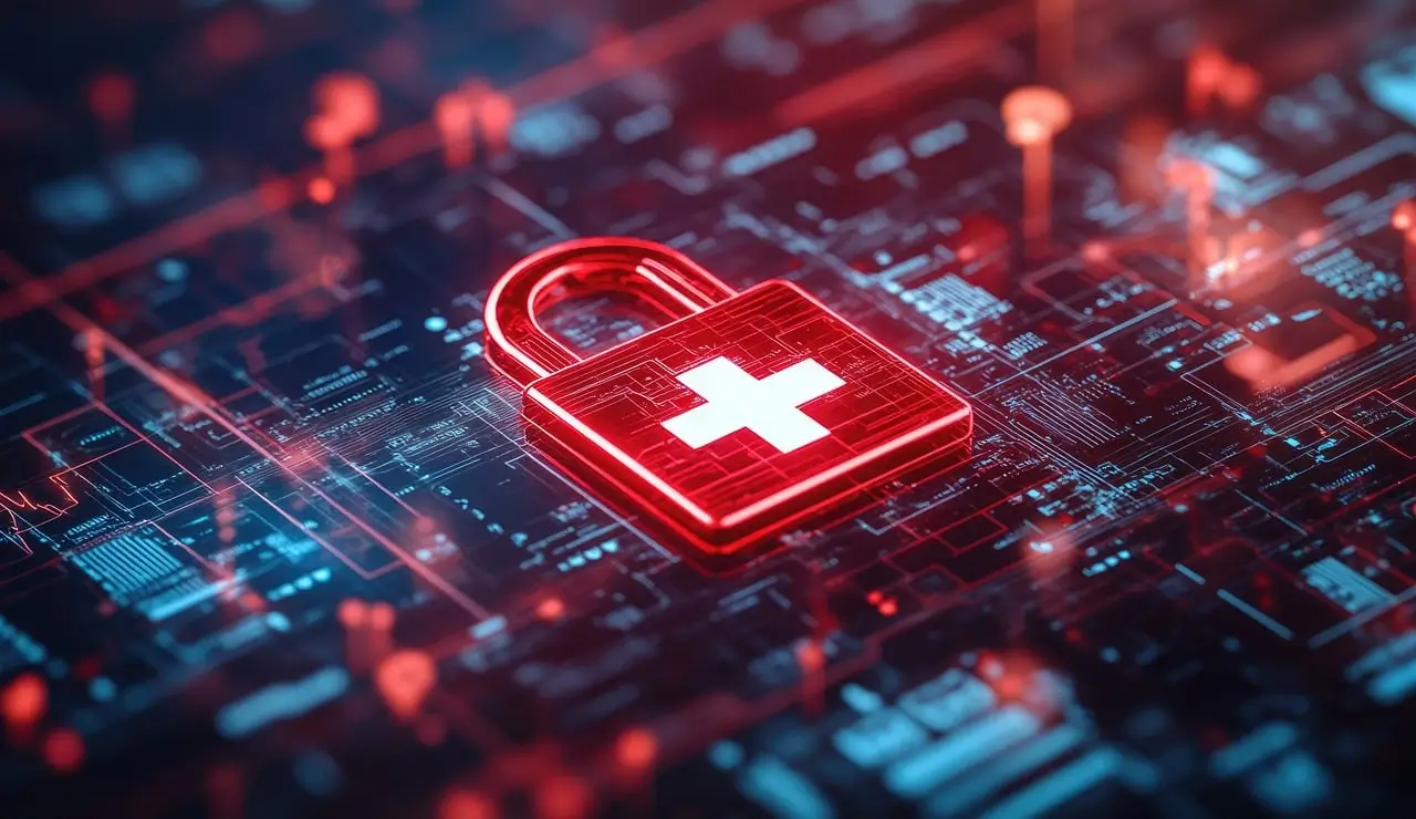 A digital representation of a red padlock with a medical cross symbol, surrounded by a futuristic circuit board design, highlighting challenges of AI in healthcare, particularly in data security and privacy.