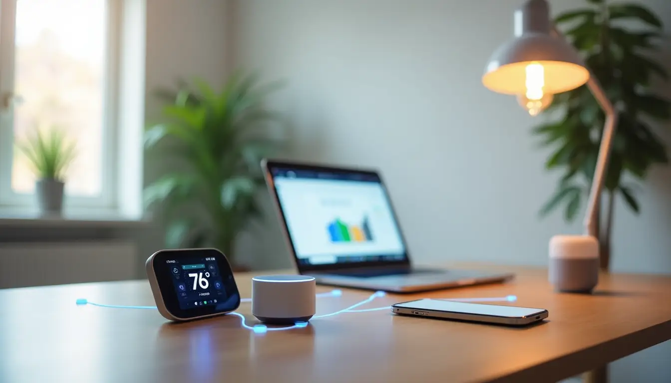 Connect IoT devices over the internet – Smart home setup with IoT devices like a thermostat, speakers, and a laptop.