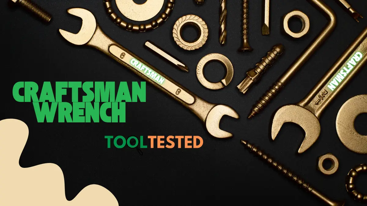 A Craftsman wrench with a premium gold-tone finish, surrounded by bolts, nuts, and mechanical parts, representing high-quality tool craftsmanship.