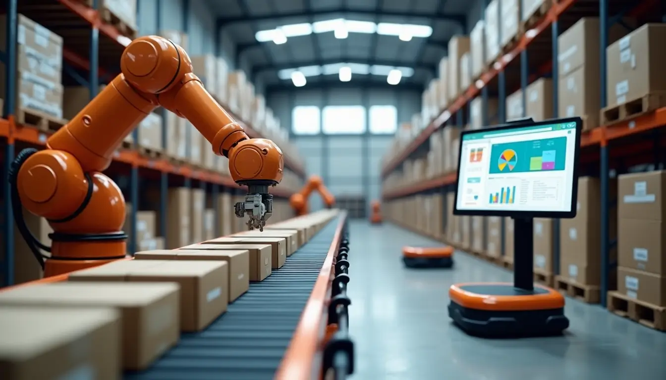 Distribution of goods in an automated warehouse with robotic arms handling packages and a screen displaying data analysis.