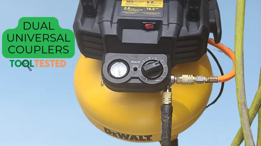 DEWALT DWFP55126 air compressor showing the dual universal quick couplers in a Tool Tested review, demonstrating simultaneous tool operation.