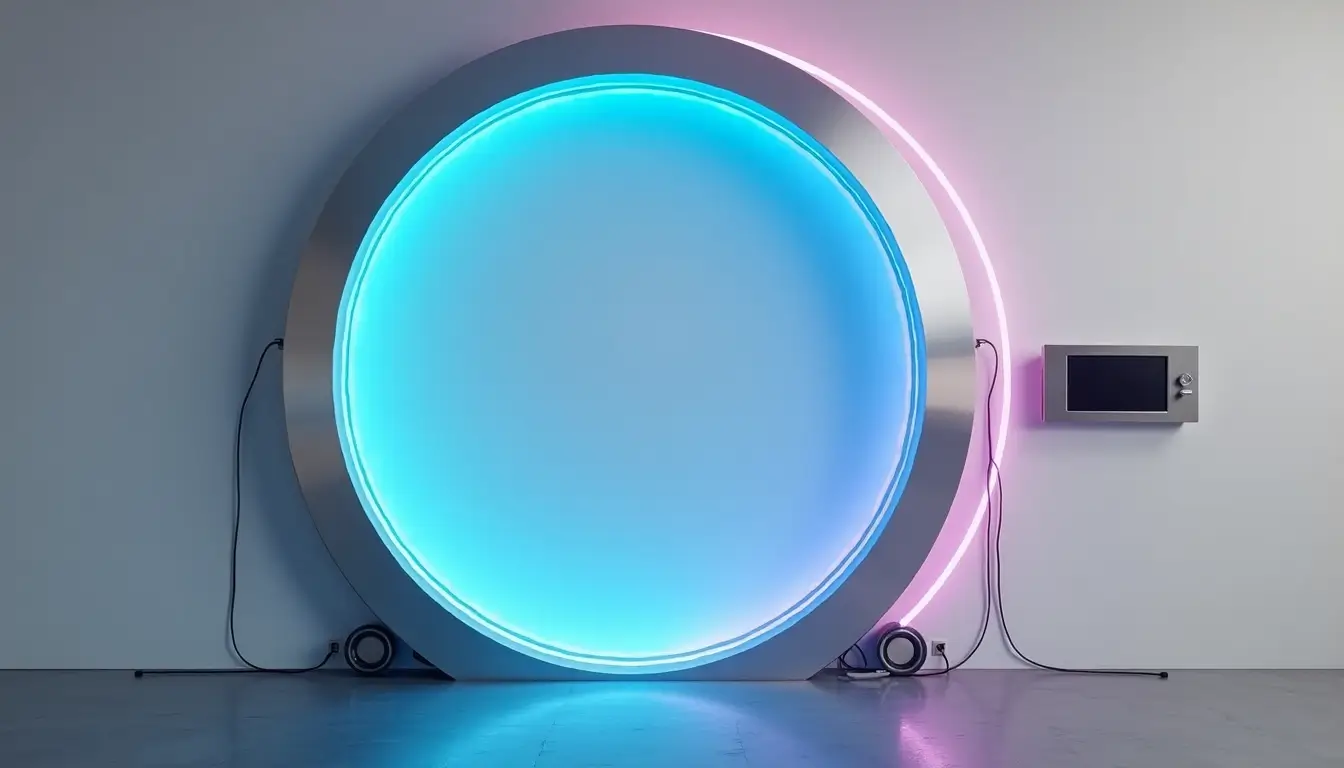 A futuristic techno gateway featuring a large circular portal with blue and pink neon lights, accompanied by a control panel on the right side. (Techno Gateway)