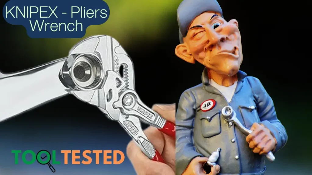 Knipex Pliers Wrench in action gripping a bolt, with a mechanic figurine in the background, featured in Tool Tested's review.